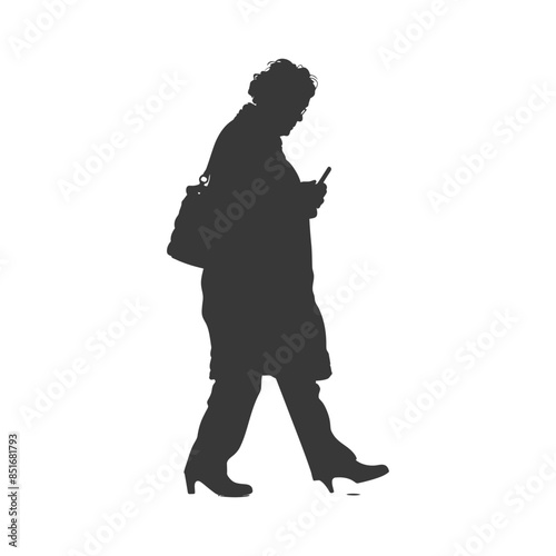 Silhouette of a mature woman walking, focused on her phone, isolated.