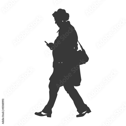 Silhouette of Senior Woman Walking and Texting, Handbag Over Shoulder