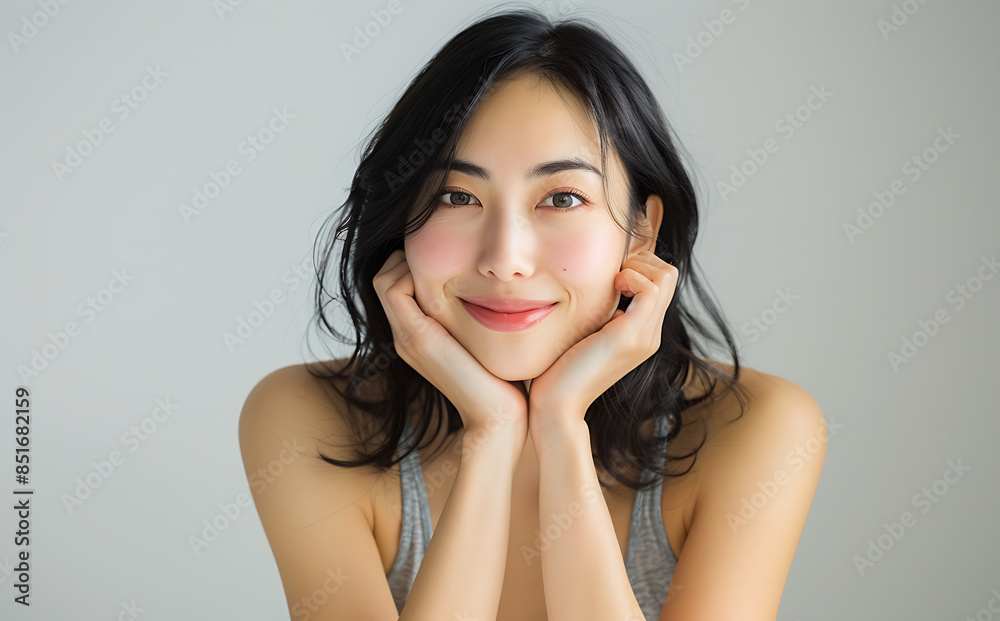 Photo of Japanese woman her early mid twenty smiling perfect skin clean facial feature She wearing gray tank top hand under her chin posing portrait white background focus should sharp highlighting Photo of Japanese woman her early mid twenty smiling perfect skin clean facial feature She wearing gray tank top hand under her chin posing portrait white background focus should sharp highlighting