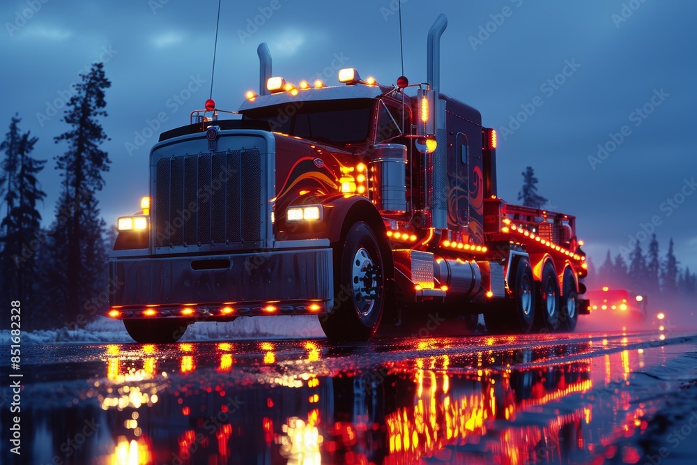 Glowing semi-truck with bright, colorful lights reflecting on wet highway during twilight in a remote forested area under cloudy skies Glowing semi-truck with bright, colorful lights reflecting on wet highway during twilight in a remote forested area under cloudy skies