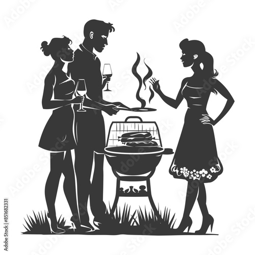 Monochrome BBQ Party: Silhouetted Friends Grilling and Toasting.