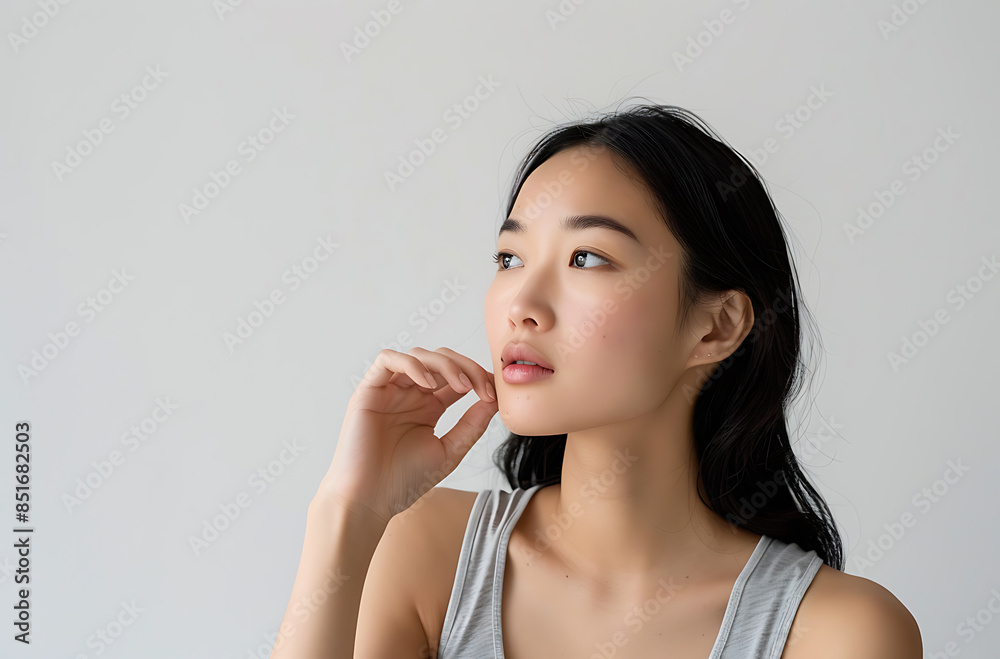 photo of Asian woman her early mid twenty straight hair wearing light gray tank top She gently touching side of her face if she presenting something or talking about skin care product background photo of Asian woman her early mid twenty straight hair wearing light gray tank top She gently touching side of her face if she presenting something or talking about skin care product background