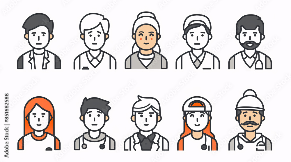 Black and white stroke icons of people in different roles such as businessman, teacher, and student Black and white stroke icons of people in different roles such as businessman, teacher, and student