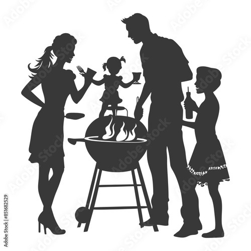 Silhouette Family BBQ: Little Girl on Grill, Modern Picnic Humor.