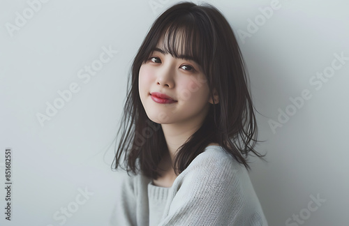 photo of attractive Japanese woman her early mid30s standing upright smiling slightly camera side view She wearing light gray long sleeve no jewelry Her hair straight bang fall over one eye she wear photo