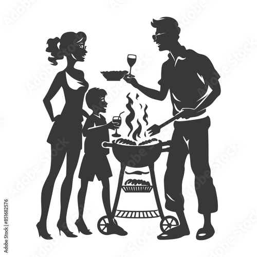 Silhouetted Family BBQ: Summer Grill Party with Wine & Child.