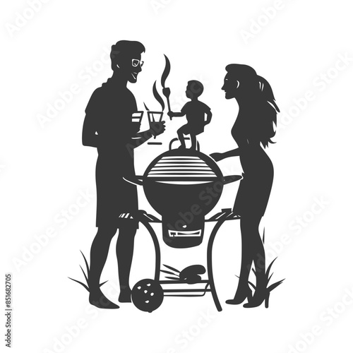 Family BBQ Silhouette: Child on Grill, Drinks, Summer Fun.