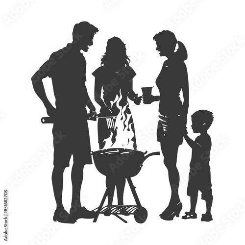 Family Silhouette BBQ: Grill Flames, Summertime Togetherness, Outdoor Cooking.