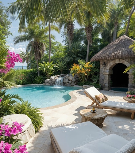 A serene tropical pool area with vibrant flowers, a thatched hut, and a small waterfall, set in lush greenery.