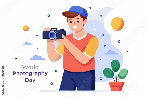  A skilled photographer holding a camera in hand, stands against a dotted white backdrop. World photographer day