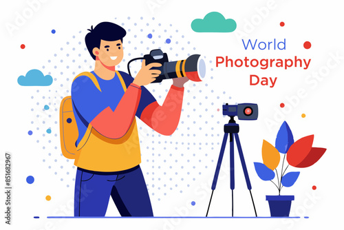  A skilled photographer holding a camera in hand, stands against a dotted white backdrop. World photographer day