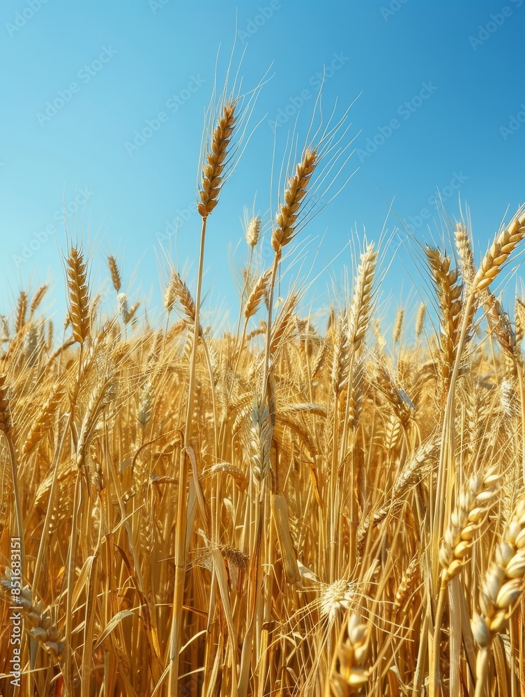 Golden wheat field under a clear blue sky, showcasing ripe wheat ready for harvest. Agriculture and farming concept. Golden wheat field under a clear blue sky, showcasing ripe wheat ready for harvest. Agriculture and farming concept.