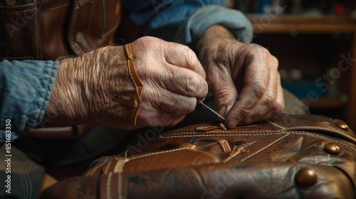 A close-up of an elderly person's hands skillfully stitching leather in a workshop, showcasing craftsmanship and dedication.