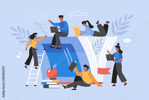 Back to school and book festival concept. Modern vector illustration of people reading books