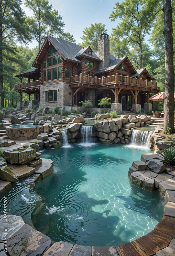 Fototapeta premium Another luxurious log cabin with a multi-tiered pool and stone features, situated in a dense forest.