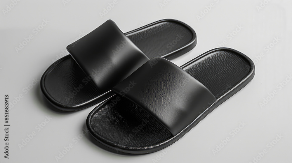 Black rubber slides on white background. Summer flip flops for the pool or shower. Comfortable shoes for hot weather or a beach vacation.