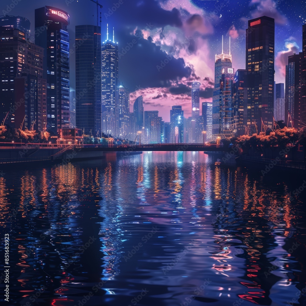 Fototapeta premium A mesmerizing night cityscape with illuminated skyscrapers reflecting in a calm river, under a vibrant and colorful sky.