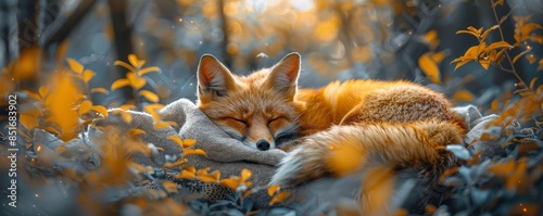 Tranquil fox resting in a colorful autumn forest, surrounded by golden leaves and soft light, capturing the essence of fall in nature.