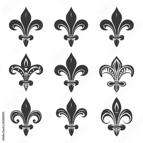 Fleur-de-lis Vector Collection: Stylized Heraldic Lilies in Grid Arrangement, Dark Silhouettes on White.