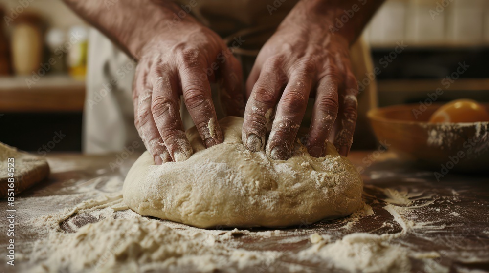 Chef scattering flour while kneading dough for bread Chef scattering flour while kneading dough for bread