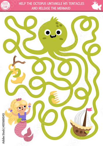 Mermaid maze for kids shaped as octopus tentacles with anchor, ship. Marine preschool printable activity. Fairytale ocean kingdom labyrinth game, puzzle. Water worksheet with sea princess.