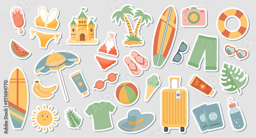 Set of cute summer stickers for your daily planner. Collection of scrapbooking elements for beach party, parasol, surfboard, ice cream, bikini, beach hat. Summer collection
