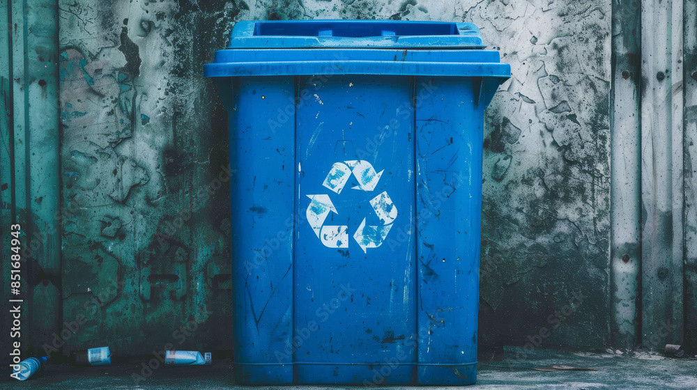 Blue recycling bin for paper waste, used to dispose of garbage and protect the environment. Blue recycling bin for paper waste, used to dispose of garbage and protect the environment.