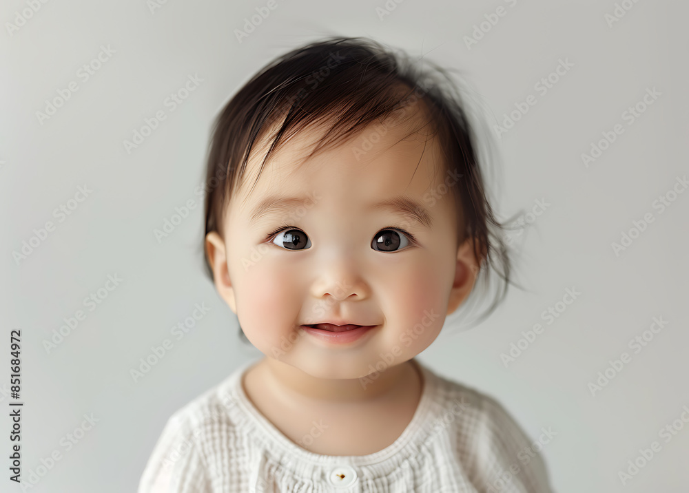 Cute asian baby face happy expression against white background taken photo studio soft light clear focus baby girl portrayed closeup portrait wearing white against solid colored white wall warm color Cute asian baby face happy expression against white background taken photo studio soft light clear focus baby girl portrayed closeup portrait wearing white against solid colored white wall warm color