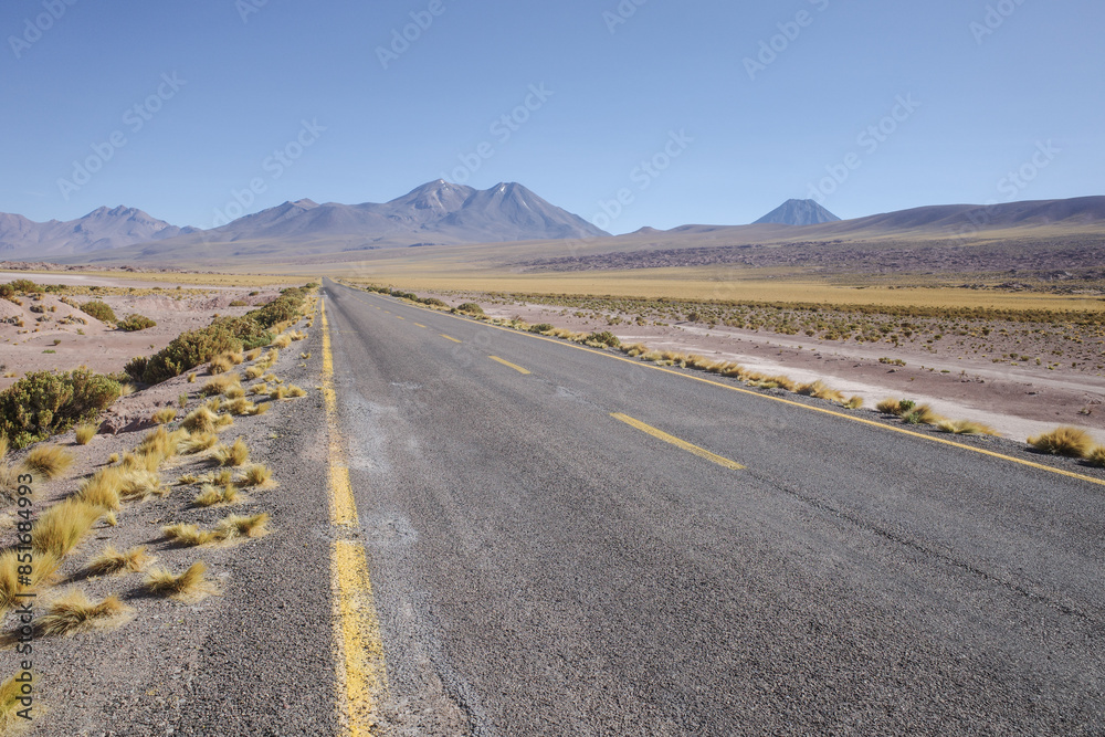 San Pedro de Atacama, Chile - Nov 30, 2023: Landscapes along a highway through the Atacama Desert San Pedro de Atacama, Chile - Nov 30, 2023: Landscapes along a highway through the Atacama Desert