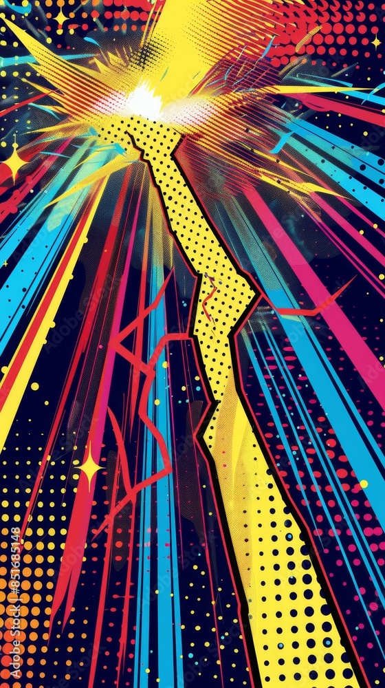 Fototapeta premium Abstract Comic Background Featuring Thunder and Lightning, Explosive and Impactful, with Electric Clouds and Noise Illustration, Perfect for High-Resolution AI-Generated Wallpaper and Background.