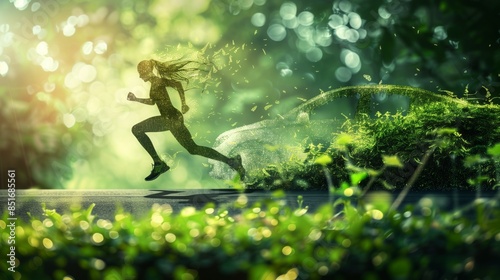 A silhouette of a runner dissolving into greenery