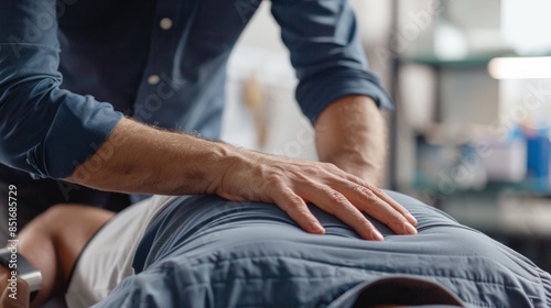 Chiropractor giving a patient a back adjustment in a modern clinic. Healthcare professional performing therapeutic treatment.