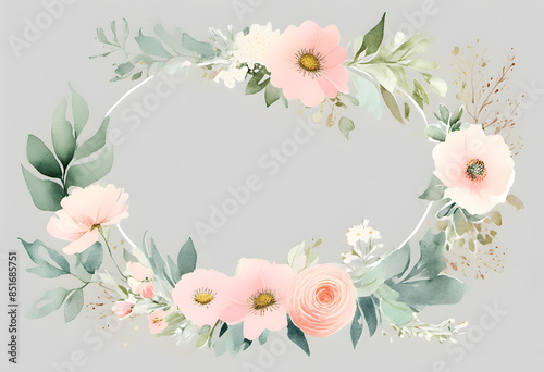 A watercolor floral frame with leaves and flowers surrounding a blank white center. The design is delicate and elegant, suitable for invitations, wedding or greeting cards.