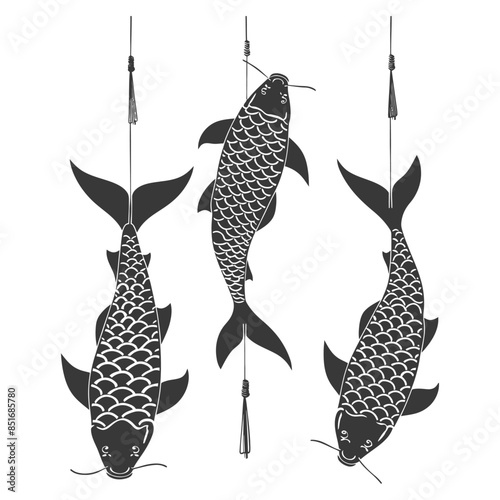 Hanging Koi Carp: Trio of Ornamental Fish Motifs in Gray Scale.