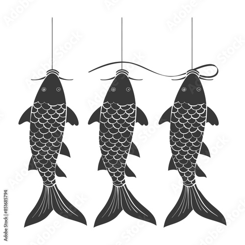Three Hanging Koi Fish, Graphic Illustration, String, Asian Art.