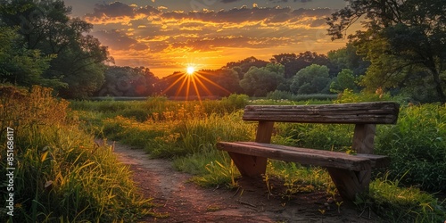 Fototapeta Naklejka Na Ścianę i Meble -  A serene sunset over a tranquil park landscape captured with brilliant sunlight rays filtering through the trees, illuminating a rustic wooden bench and lush greenery along a winding dirt path