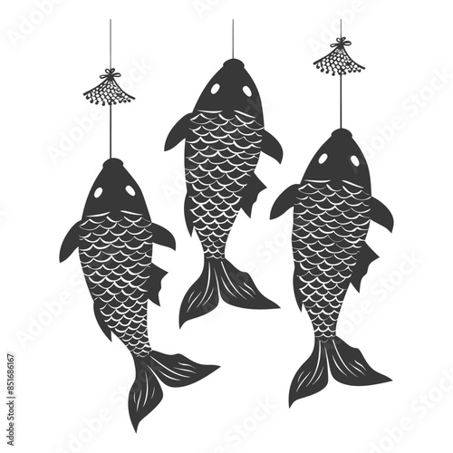 Hanging Koi Fish Paper Cuttings, Traditional Asian Art, Monochrome Illustration