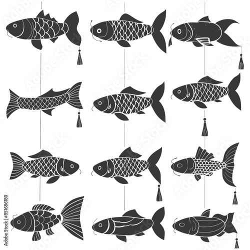 Stylized Koi Fish Mobile: Silhouette, Hanging Asian Decorations.