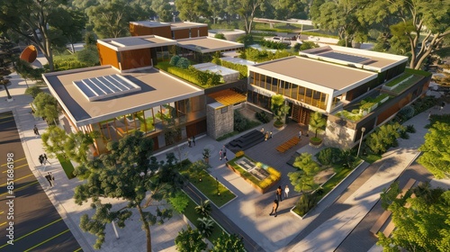 rchitectural plans for a contemporary eco-friendly community center with shared amenities and sustainable features