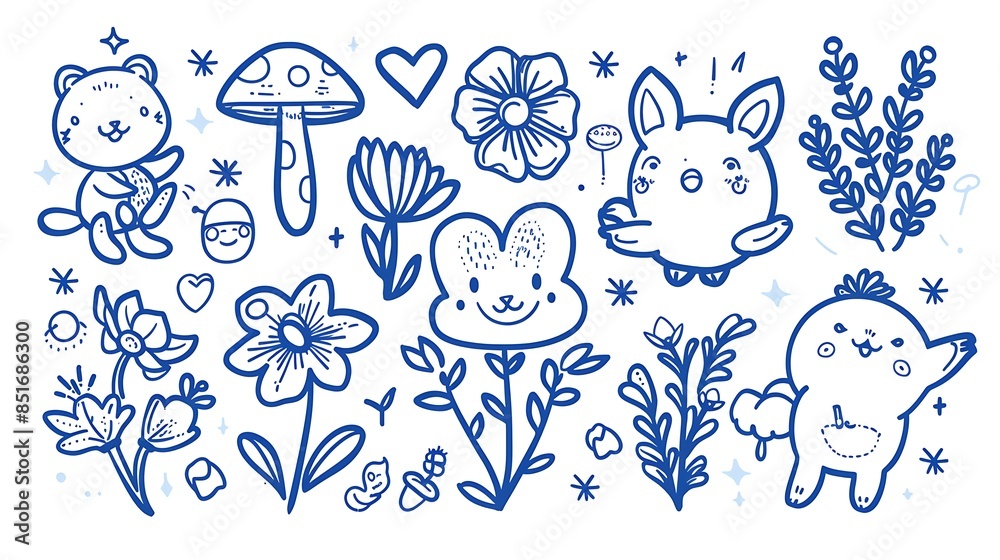 Cute Hand-Drawn Animals and Nature Doodles in Blue Cute Hand-Drawn Animals and Nature Doodles in Blue