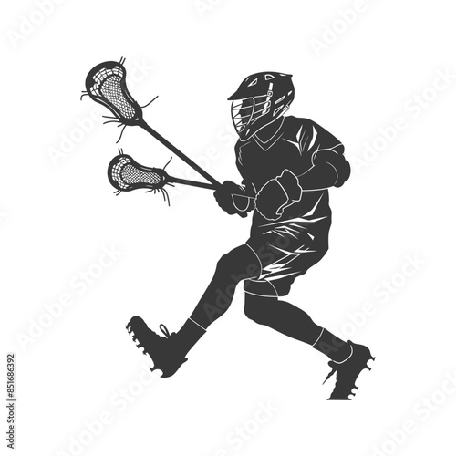 Lacrosse Player Action Silhouette: Dynamic Run, Two Sticks, Focused Motion Graphic