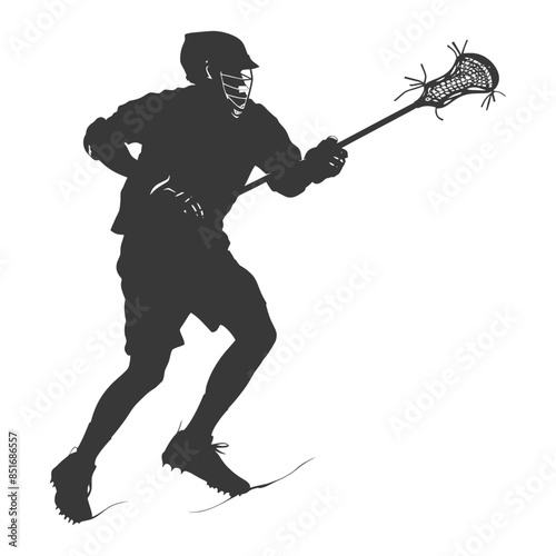 Lacrosse Player Silhouette: Charging with Stick, Dynamic Motion, Dark Figure on White.