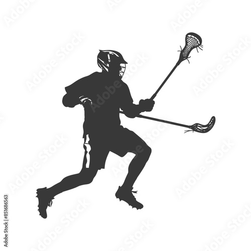 Lacrosse Player Silhouette: Action Running with Sticks, Isolated on White.