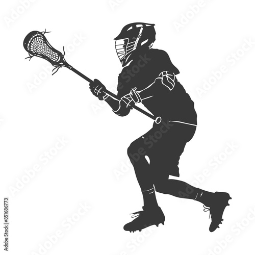 Lacrosse Player Silhouette: Action Stance, Holding Stick, Protective Gear.