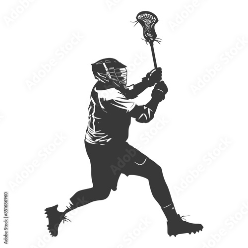 Lacrosse Player Silhouette: Charging with Stick Raised, Action Shot, Sport Vector.