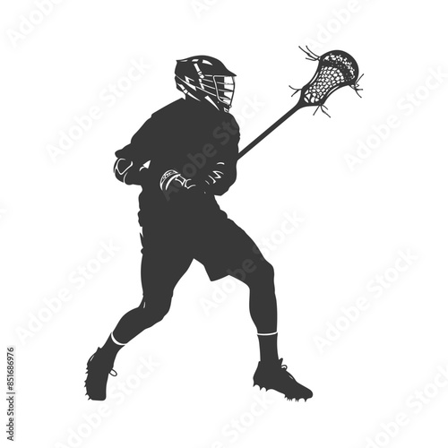 Lacrosse Player Silhouette: Athlete with Stick, Action Stance, Isolated on White.