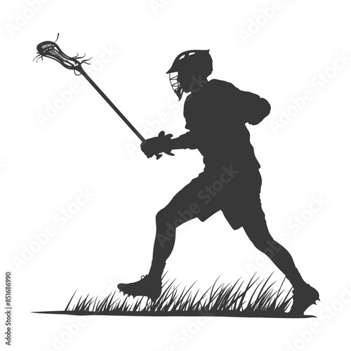 Lacrosse Player Silhouette: Focused Drive, Grass Field, Action Sport.