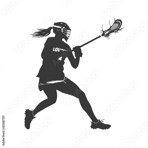 Lacrosse Player Silhouette: Dynamic Motion, Headgear, Stick in Action, Sporty Female Figure.