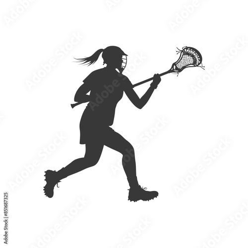 Lacrosse Player Silhouette: Focused Female Athlete in Motion, Sport Action.