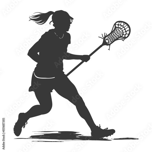 Lacrosse Action: Silhouette of Female Athlete Running with Stick.